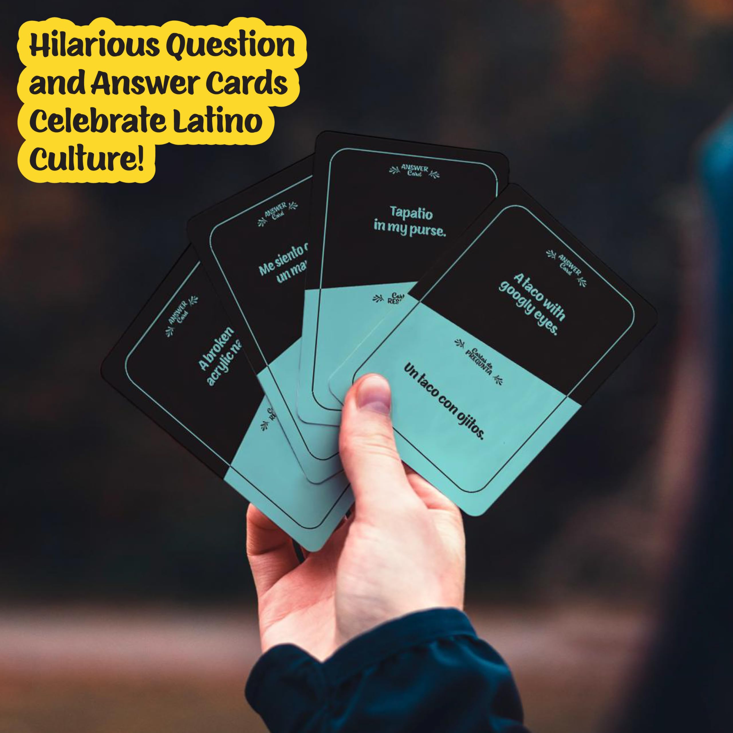 FITZ Dios Mio party night setup with friends laughing and sharing bilingual cards
