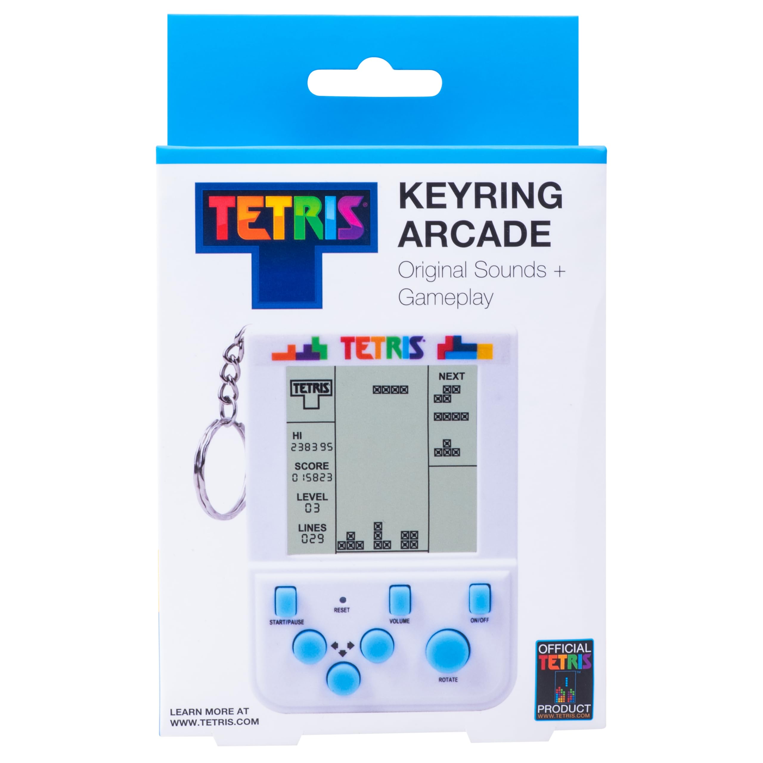 Fizz Creations Tetris keyring arcade LCD screen view showcases authentic retro visuals.