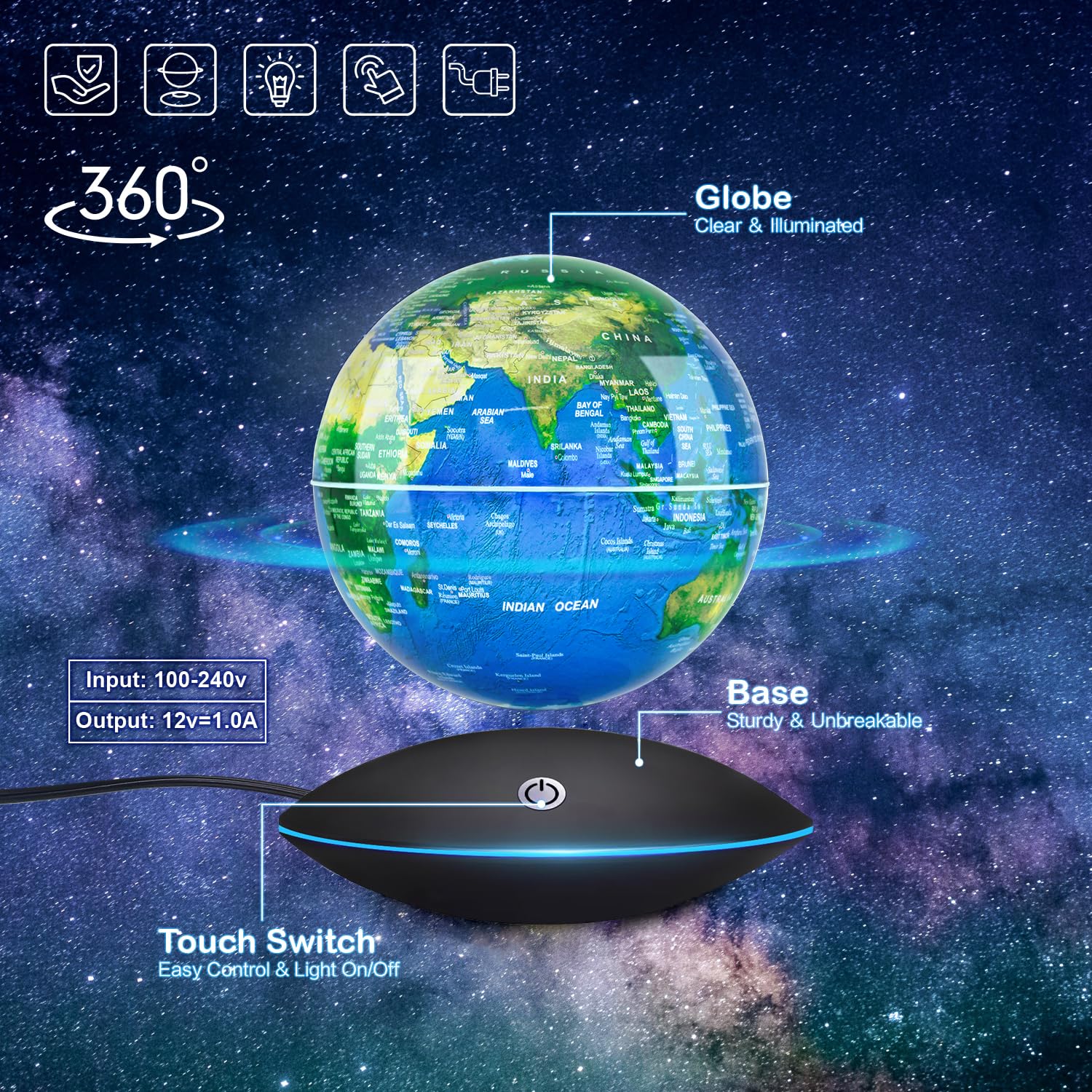 Flagest floating globe base illumination enhances modern desk decor.