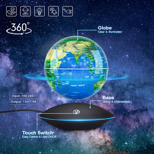 Flagest floating globe base illumination enhances modern desk decor.