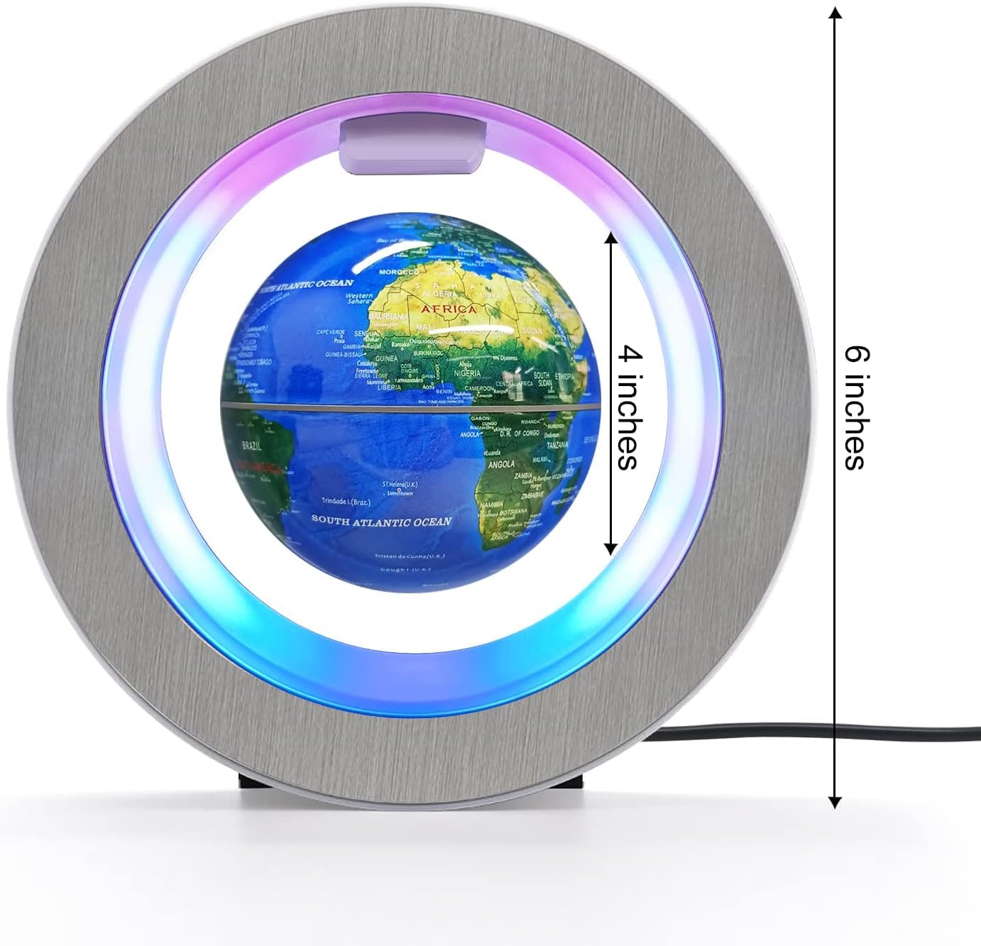 Flagest levitating globe with LED illumination highlights detailed map features.