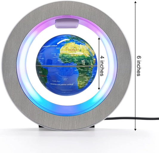 Flagest levitating globe with LED illumination highlights detailed map features.