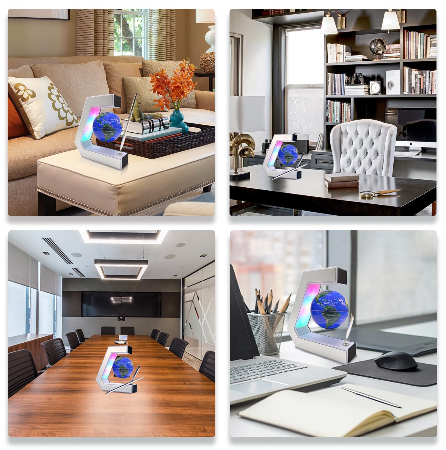 Flagest levitation globe includes a pen for quick notes.