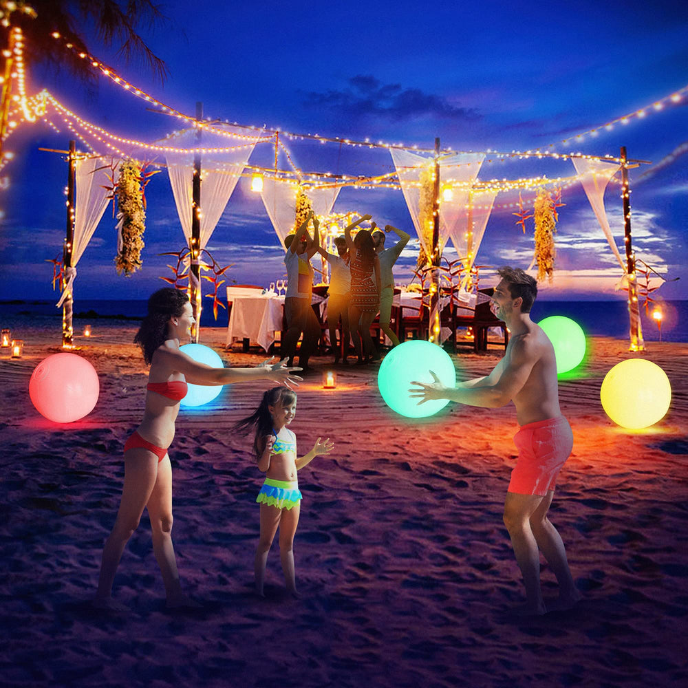 FLAMDYNO glow-in-the-dark beach ball enhances nighttime pool parties.