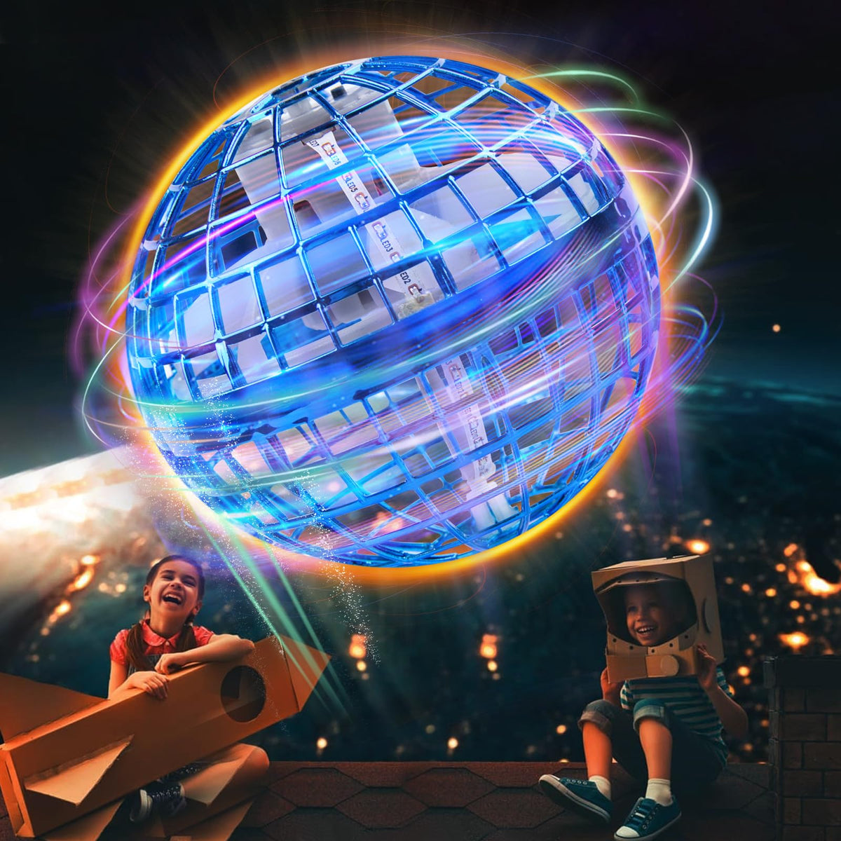Flashbee Flying Orb Ball with blue LED glow for indoor and outdoor play.