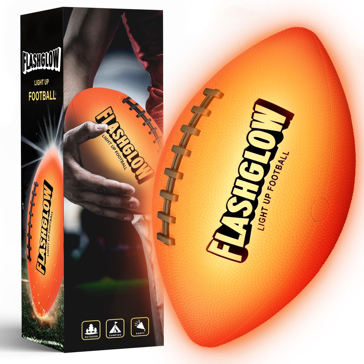 FLASHGLOW light up football ready for night play in the backyard, offering visibility and fun