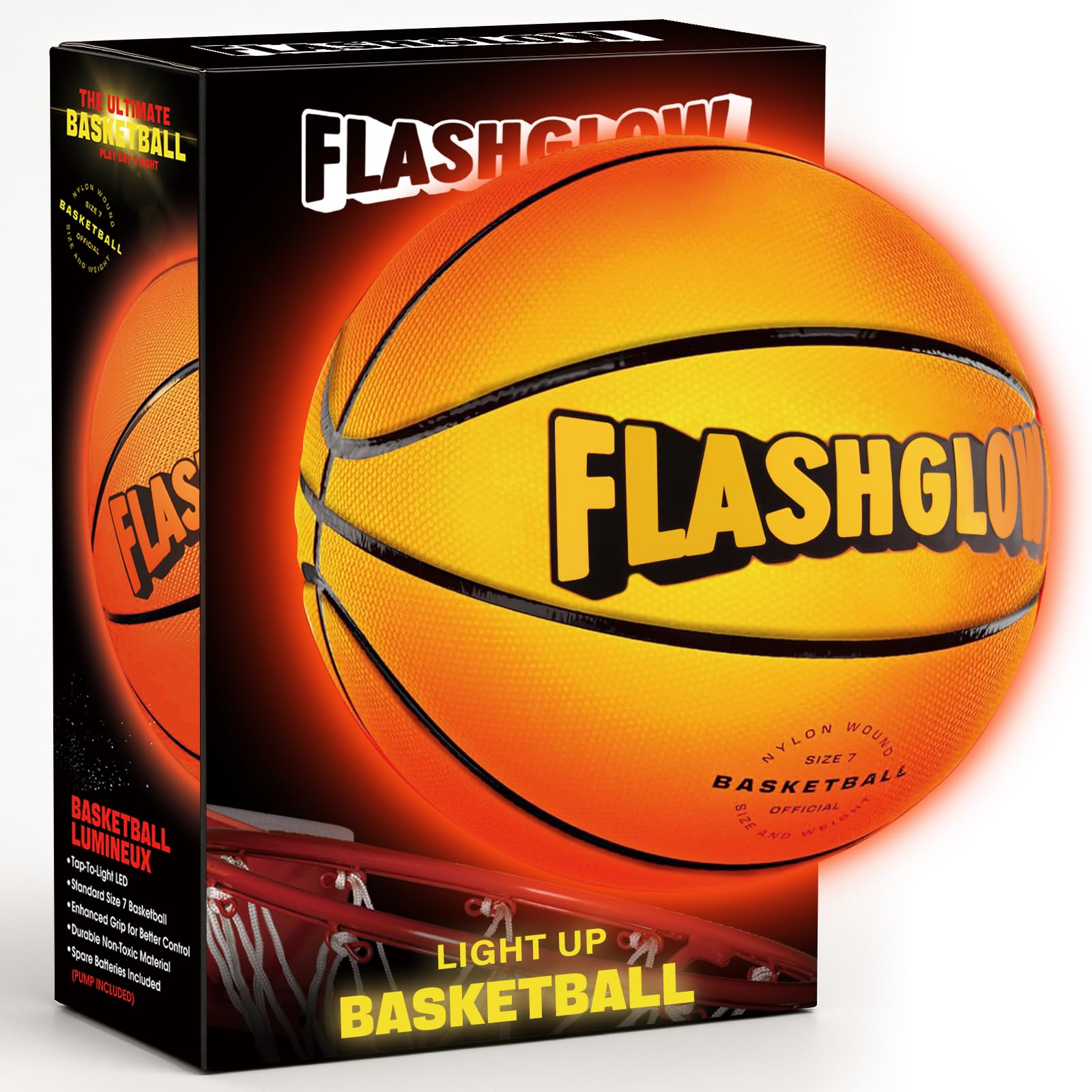 FLASHGLOW light-up LED basketball glows in darkness for clearer night games.