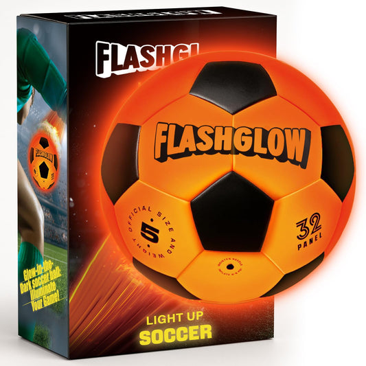 FLASHGLOW light-up soccer ball glows vividly for night play and practice.