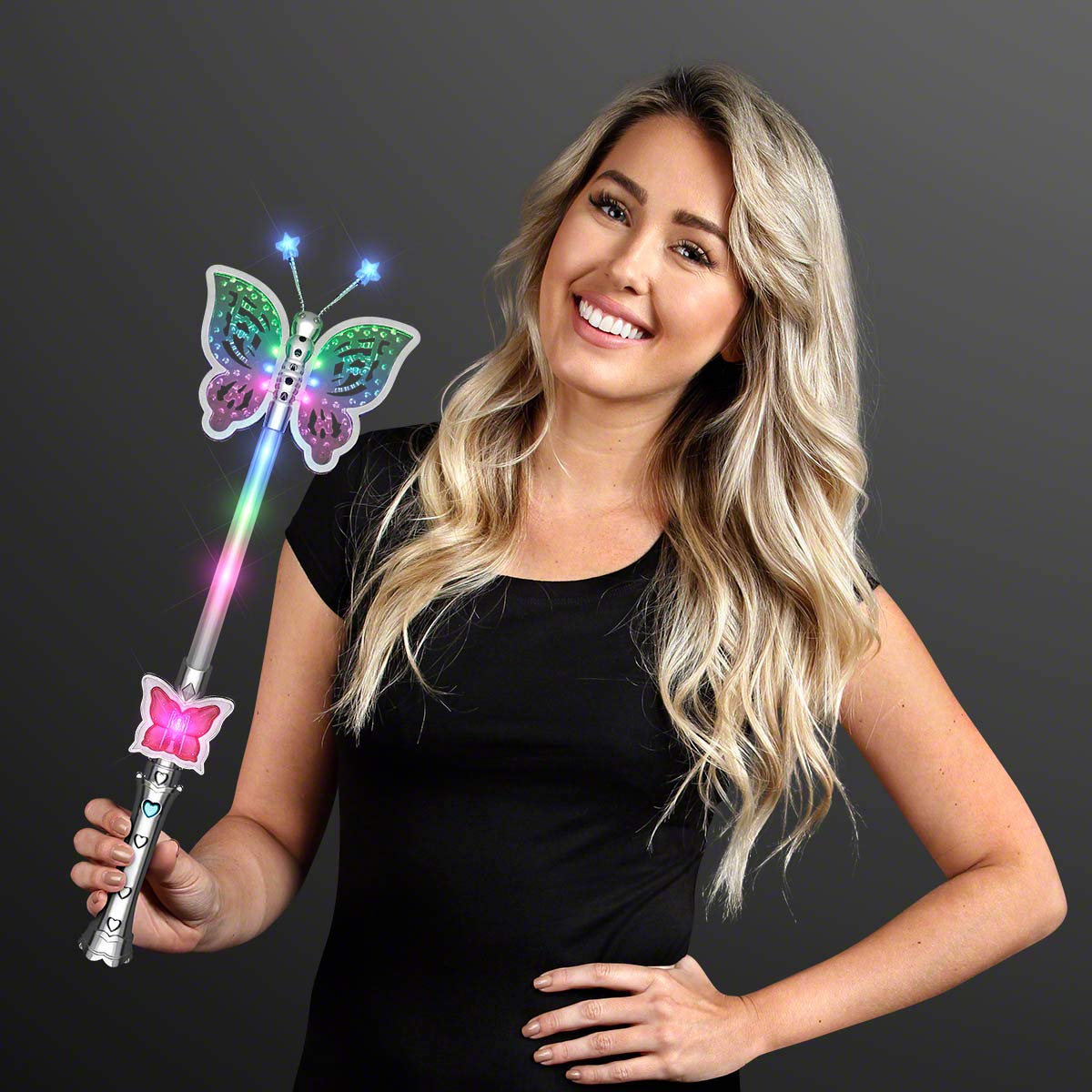 FlashingBlinkyLights butterfly wand worn as part of a fairy costume for imaginative play