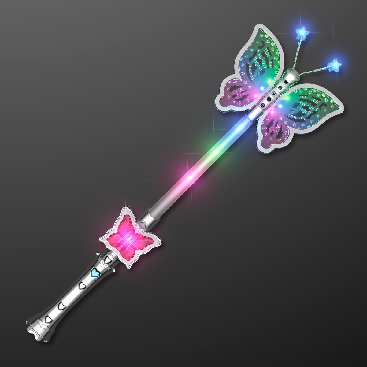 FlashingBlinkyLights butterfly wand lit in hand showing bright color change for events