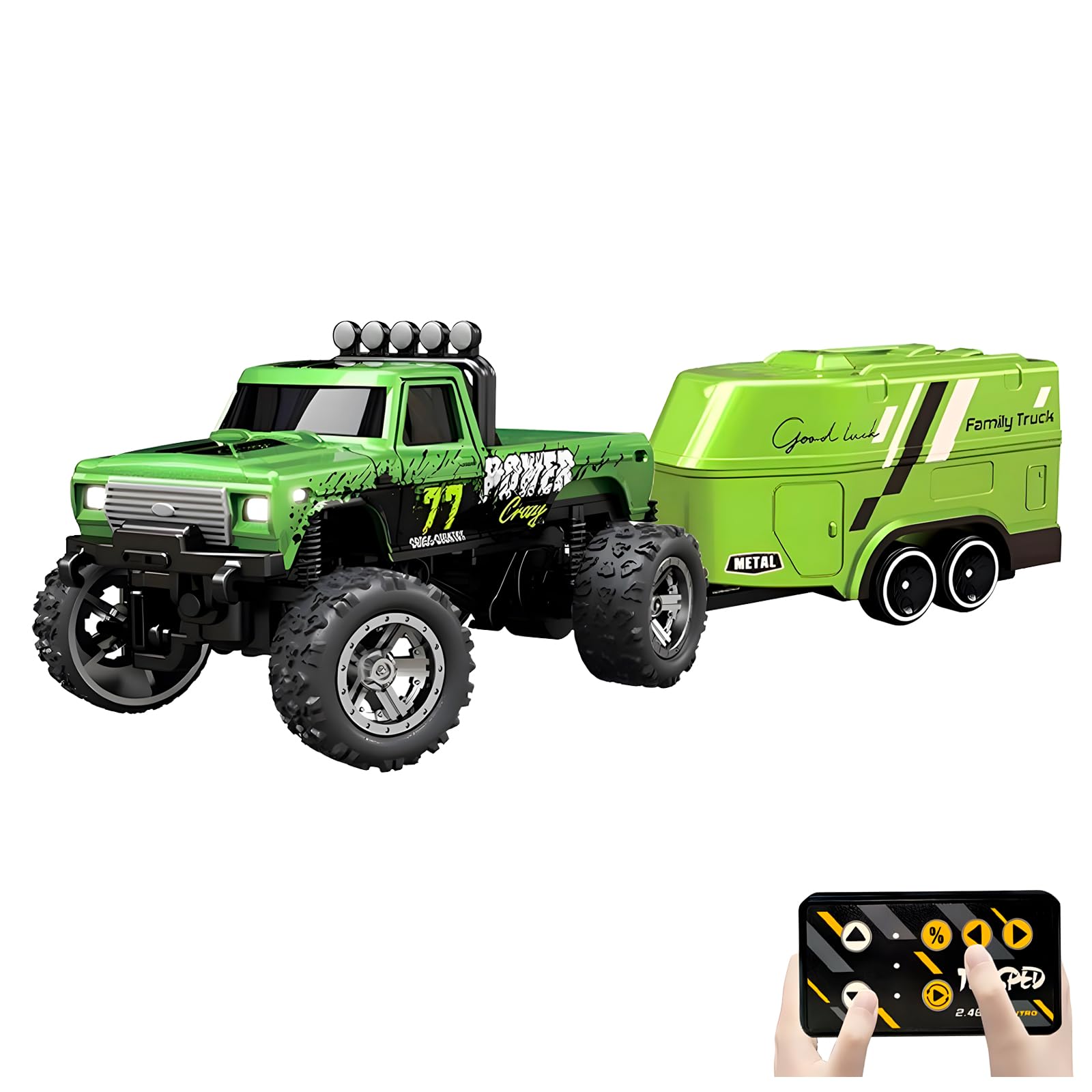 Flashstar Mini RC Truck in green with front lights for night indoor play