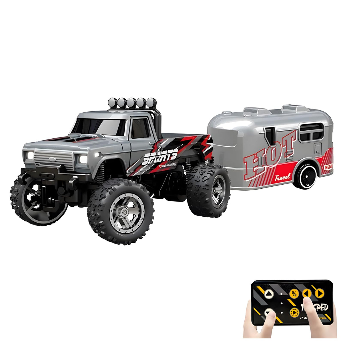 Flashstar Mini RC Truck grey front view highlights compact, portable design for on-the-go fun.