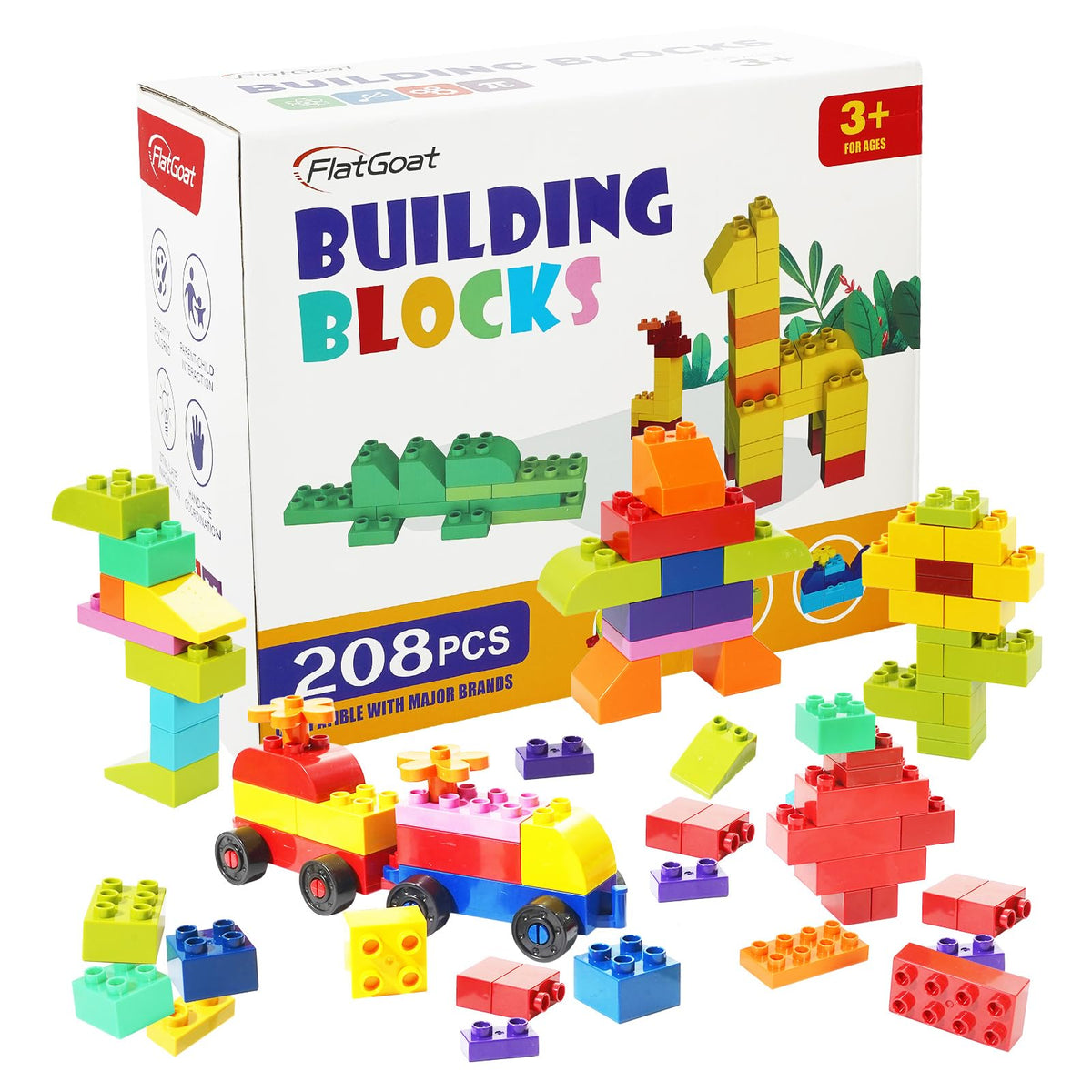 FlatGoat 208-piece building blocks set in a gift box for creative play and learning.