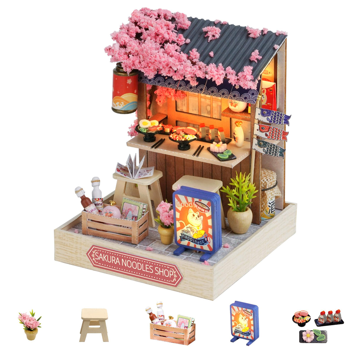 Flever dollhouse assembly pieces laid out for a patient, hands-on crafting experience