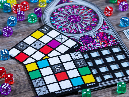 Floodgate Sagrada player boards display stained-glass layouts for thoughtful placement