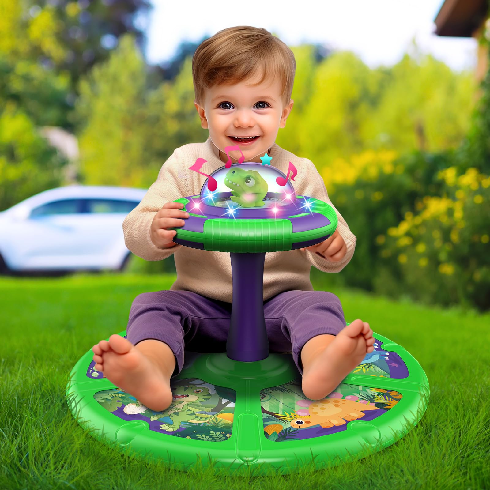 Ready to use after inserting three AA batteries into Flooyes dinosaur sit-and-spin toy.