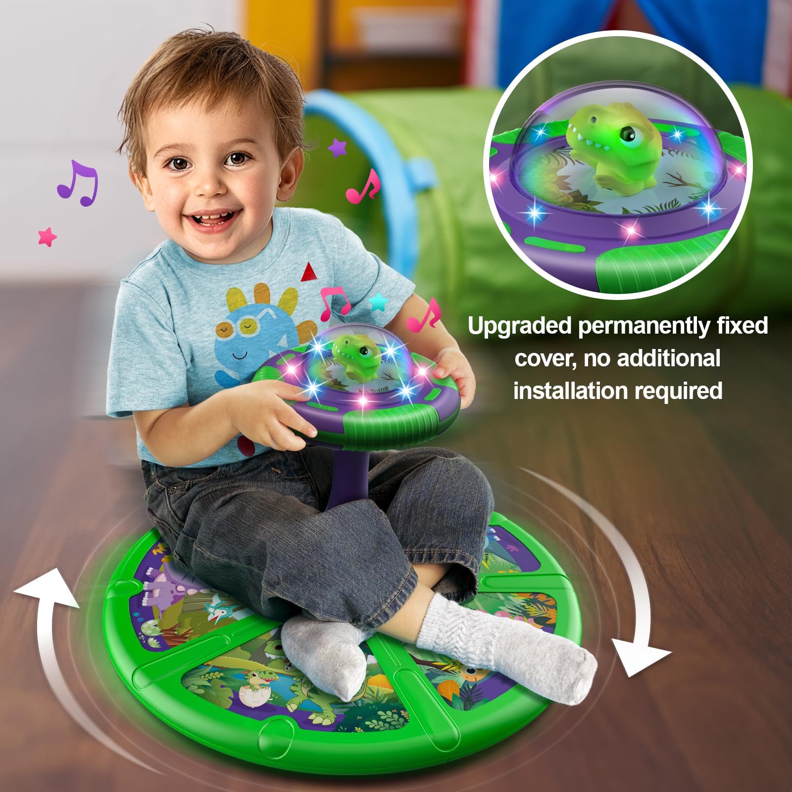Flooyes dinosaur sit-and-spin toy with LED lights during spins for visual stimulation.