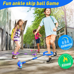 Flooyes skip ball soft handle and reinforced rope for safe play.