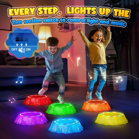 Flooyes stepping stones showcase colorful lights while kids jump with music.