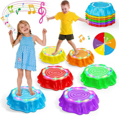 Flooyes stepping stones glow as a child balances on color-changing tiles.