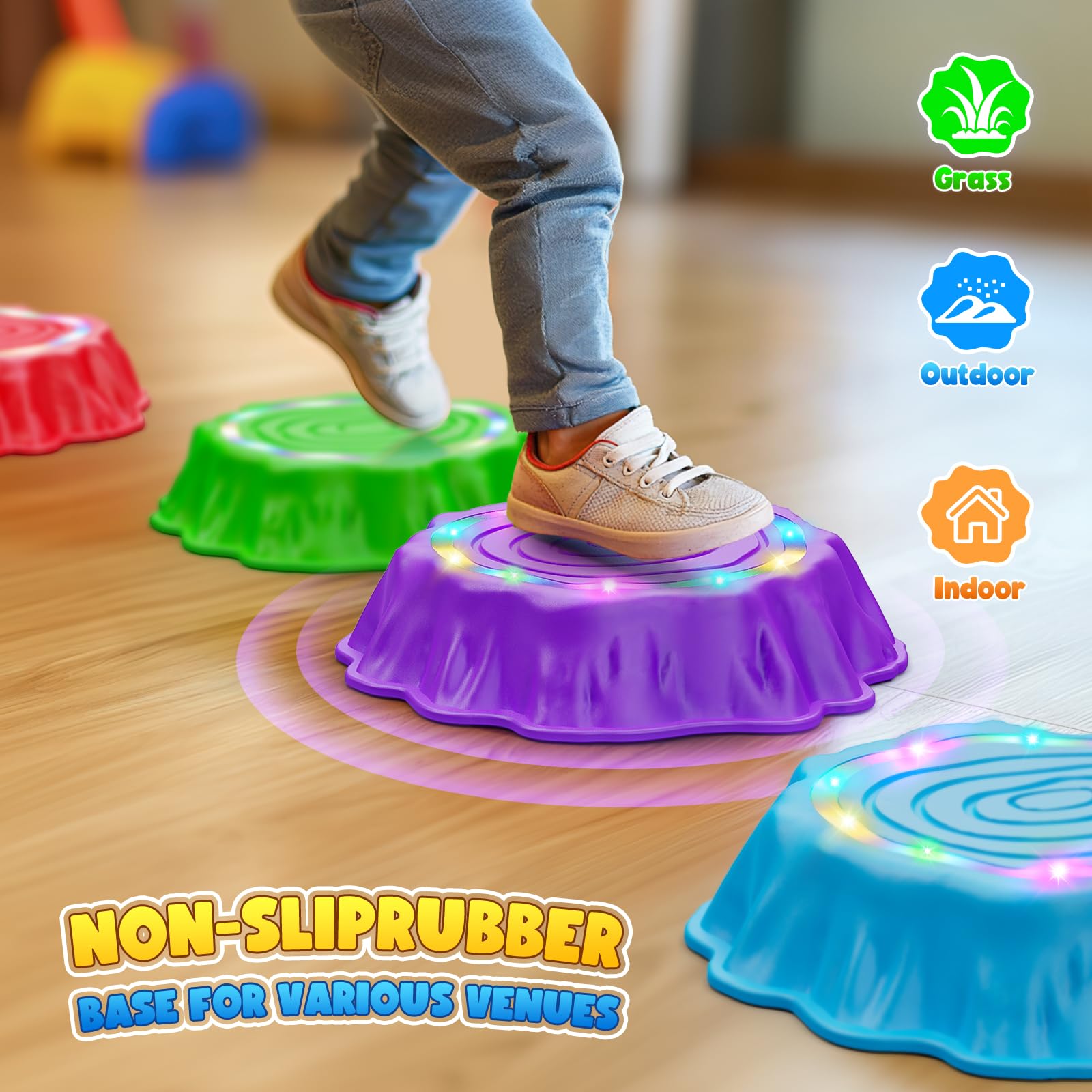 Flooyes stepping stones include a spinner to add color-based challenges.