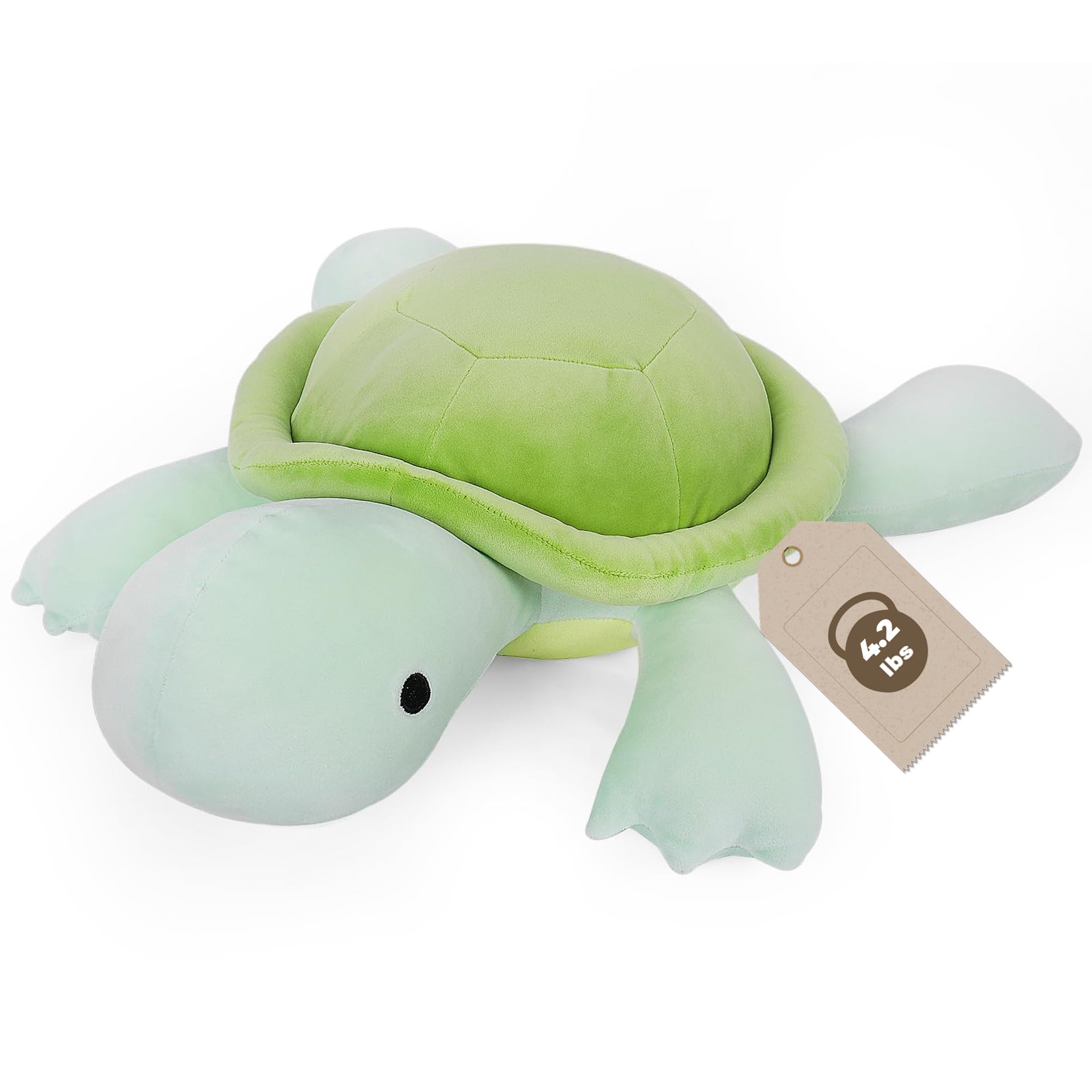 Florviv weighted turtle shell close-up showing soft green fabric for cozy hugs.