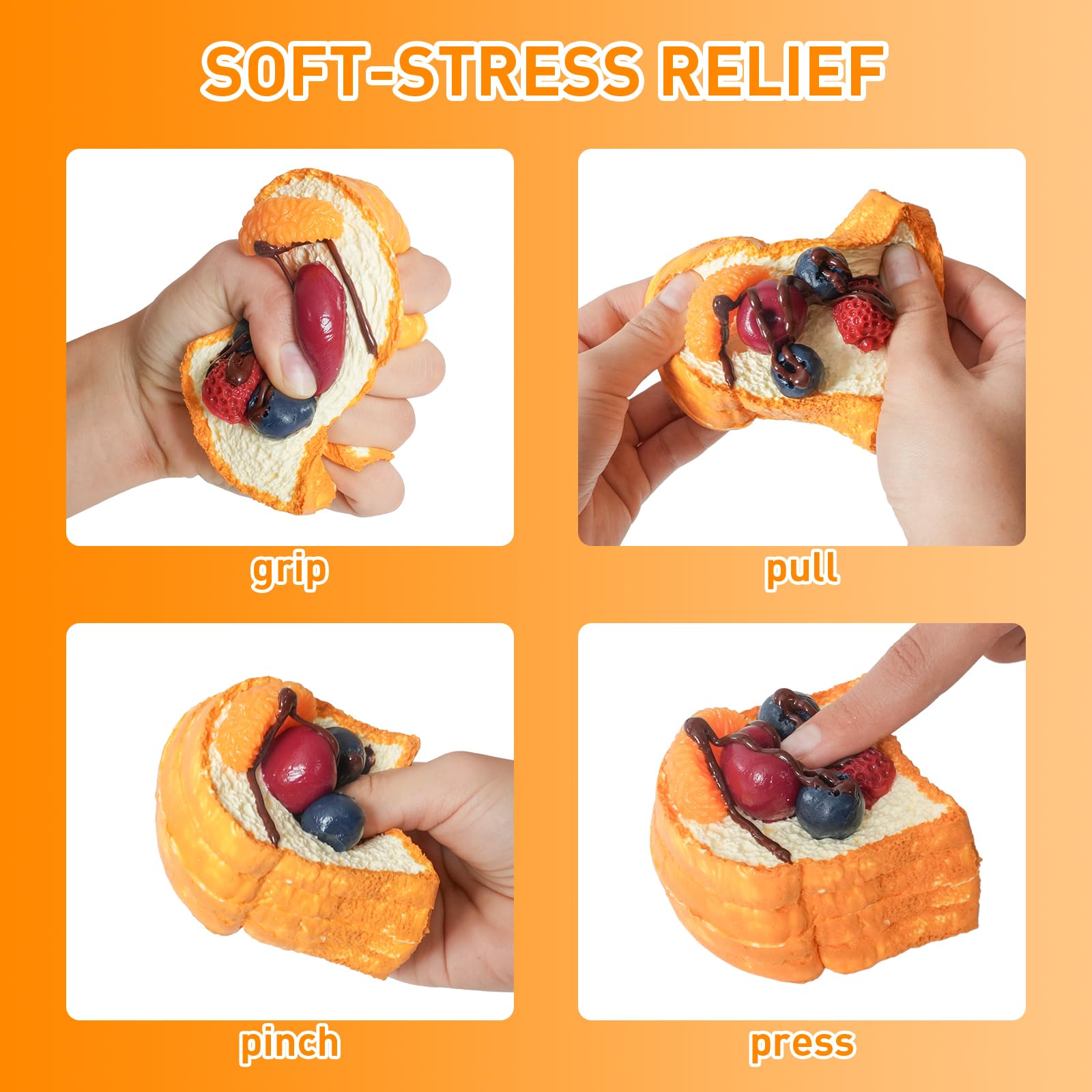 Flovyn fruit toast squishy squeeze showing slow-rise sensory engagement.