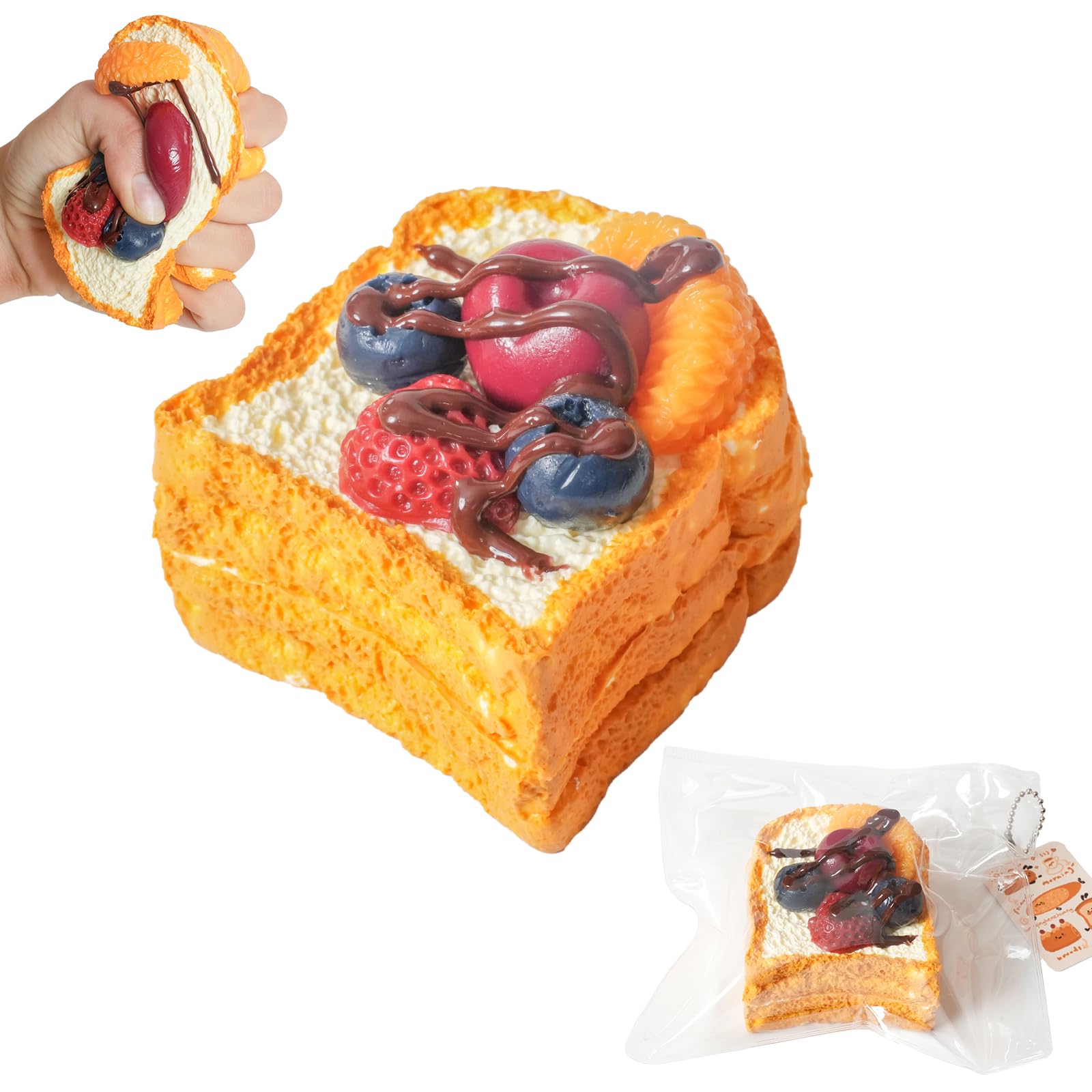 Flovyn fruit toast squishy toy closeup for tactile relief and classroom focus.