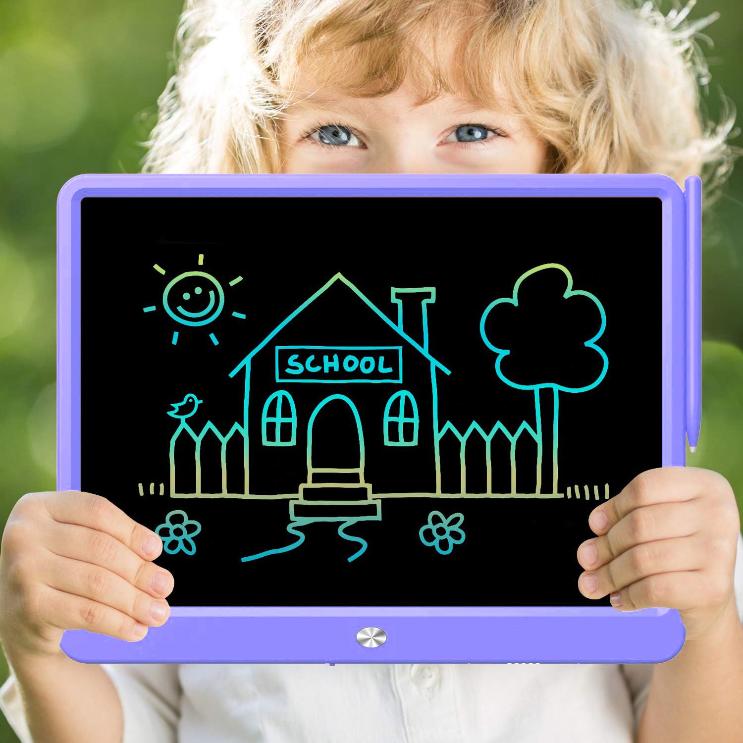 Child using FLUESTON LCD writing tablet for on-the-go drawing