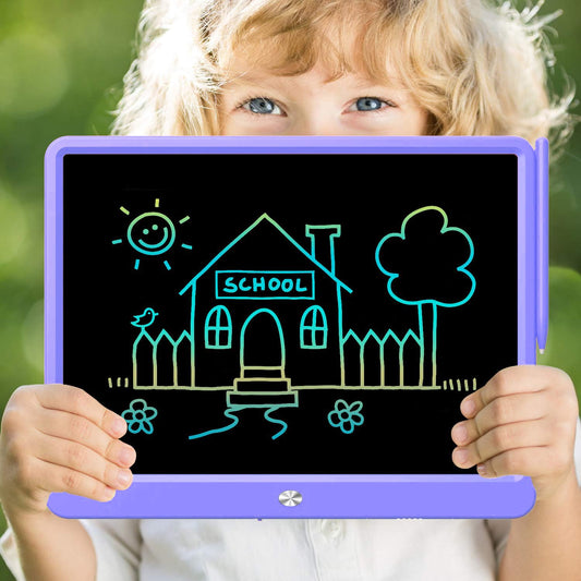 Child using FLUESTON LCD writing tablet for on-the-go drawing