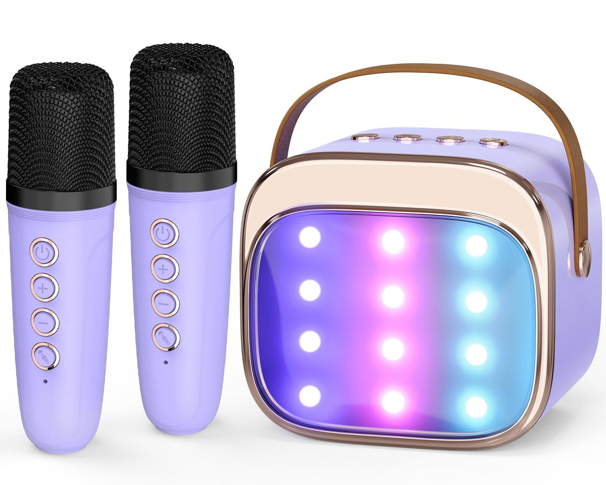 FLUESTON mini karaoke machine with dual microphones, ideal for family singing sessions and parties