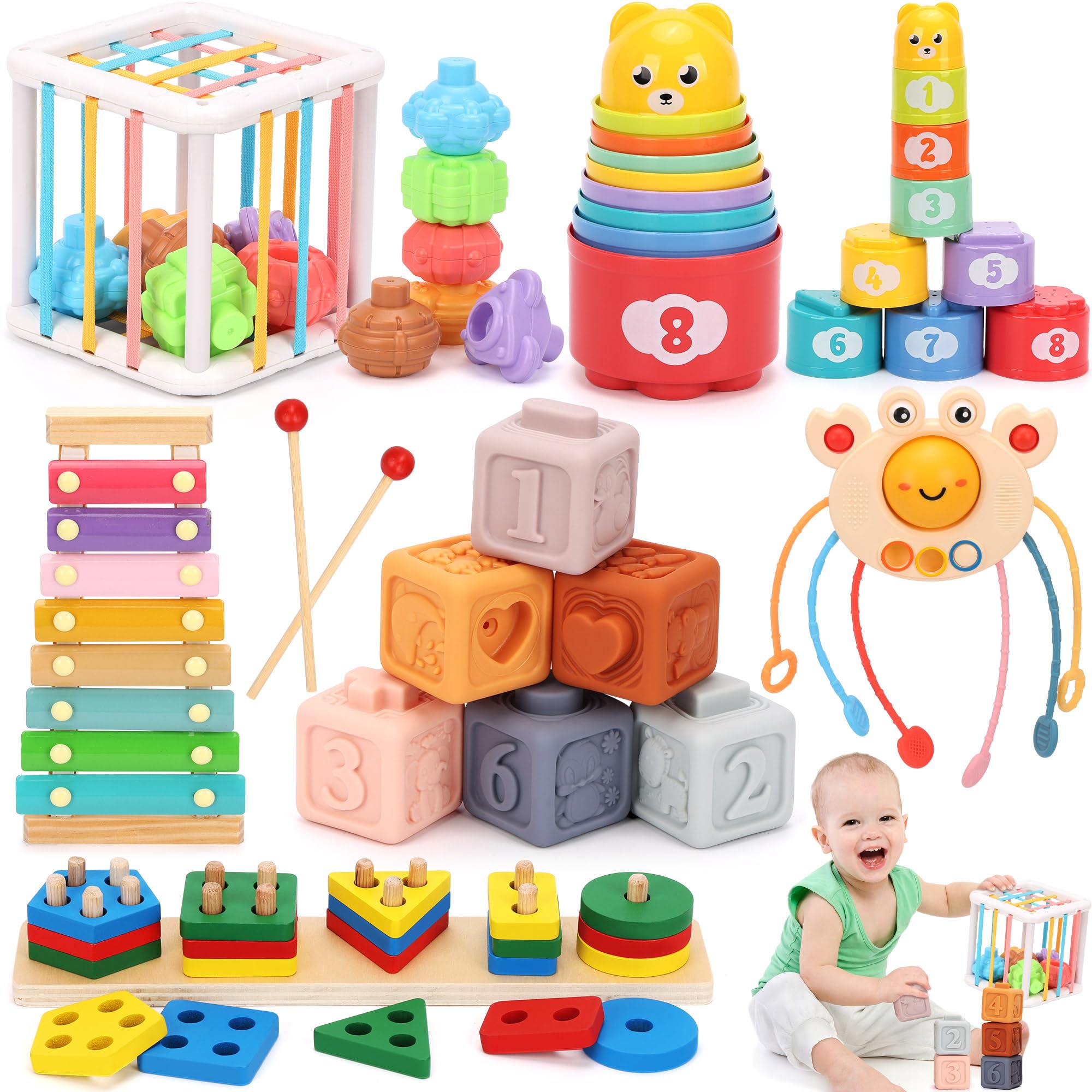 FlufiFiea 6-in-1 Montessori blocks showing color and shape learning for toddlers.