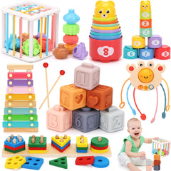 FlufiFiea 6-in-1 Montessori blocks showing color and shape learning for toddlers.