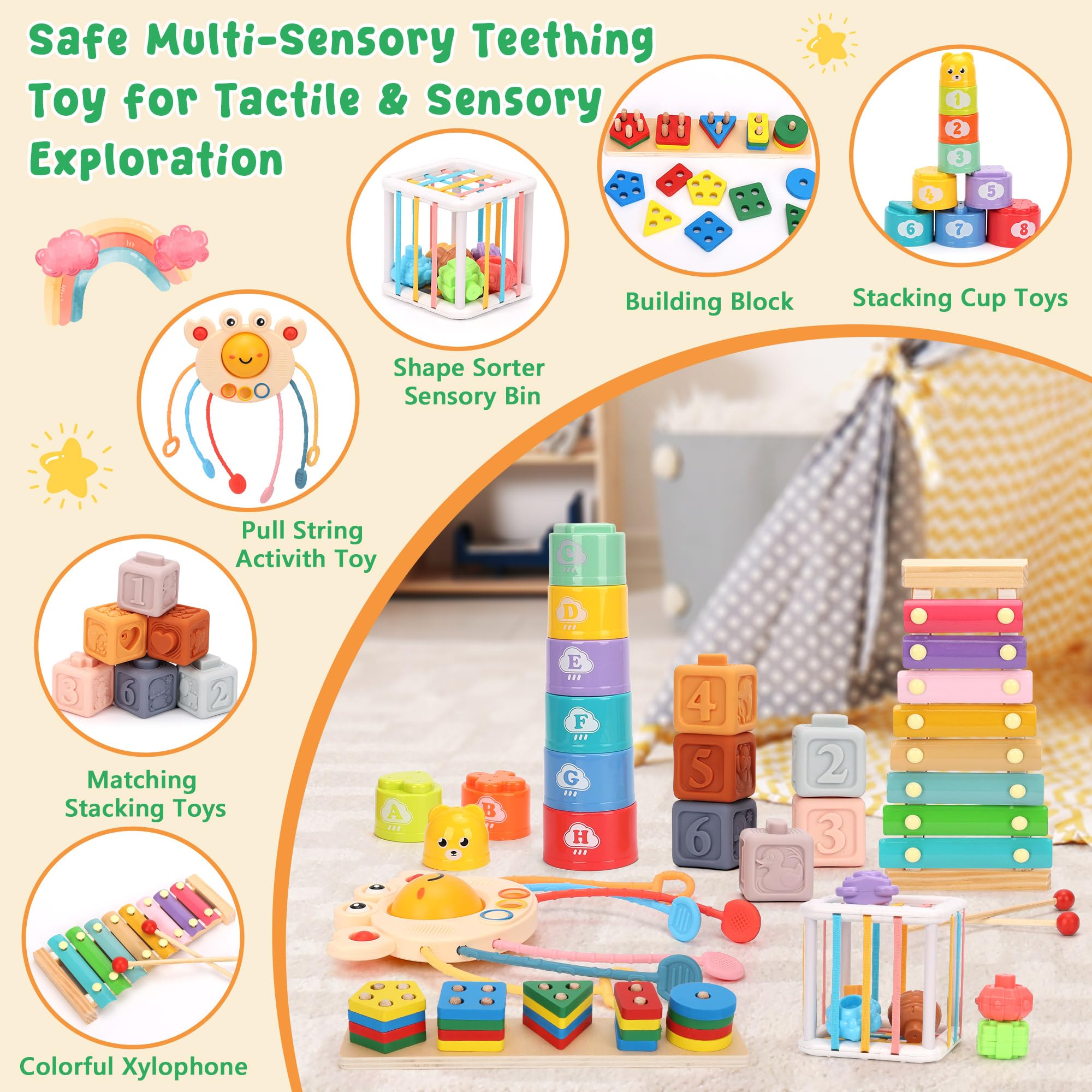 FlufiFiea sensory bin with chunky blocks for tactile exploration.