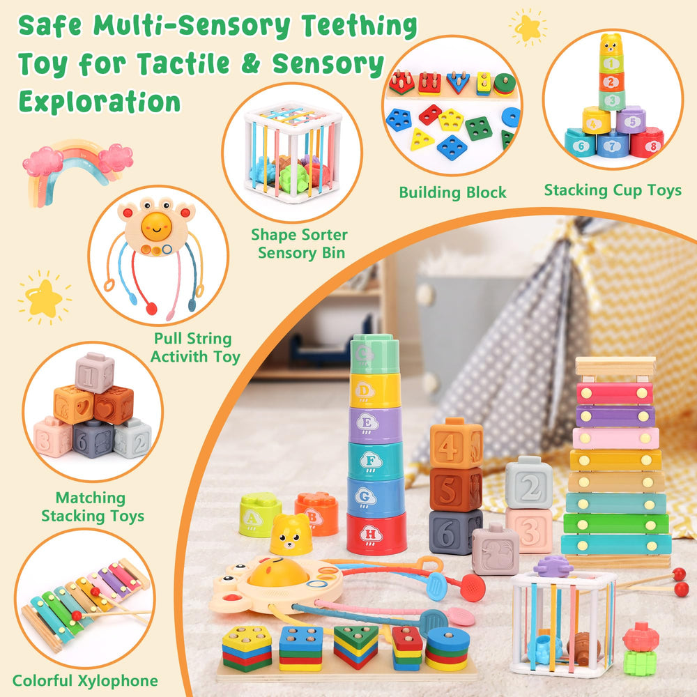 FlufiFiea sensory bin with chunky blocks for tactile exploration.