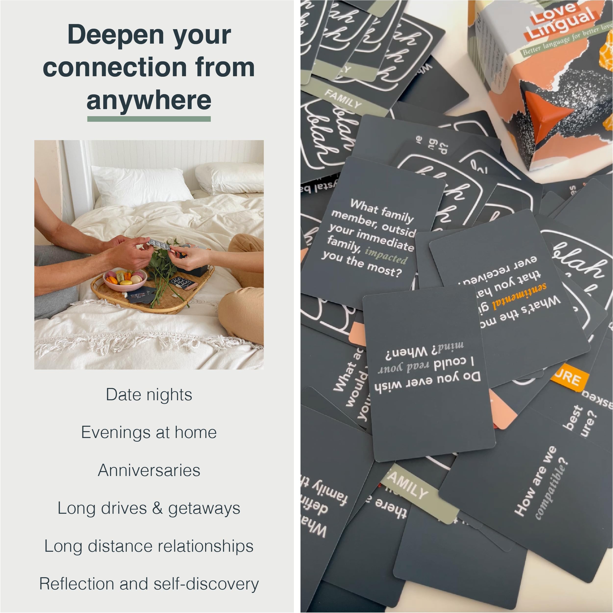 FLUYTCO Love Lingual cards fanned out reveal diverse topics for connection