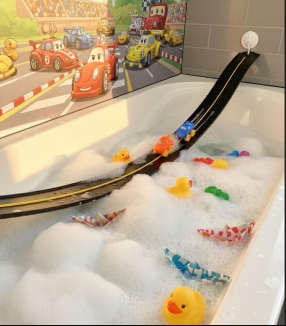 FLXTRACK Race Car Bath Track Assembly showing secure setup for tub play
