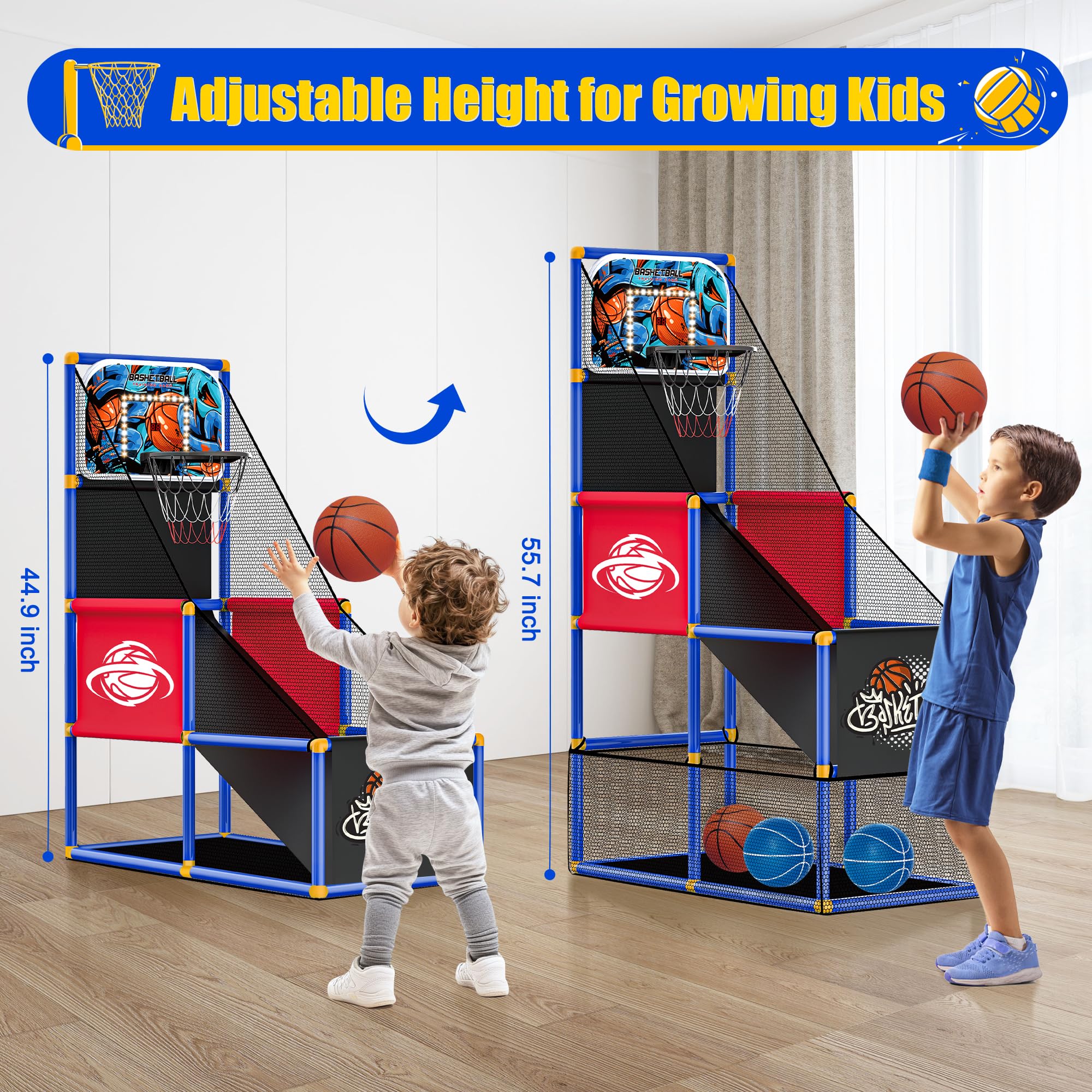 Flybakiz arcade hoop 60-second timer enhances fast-paced arcade-style play.