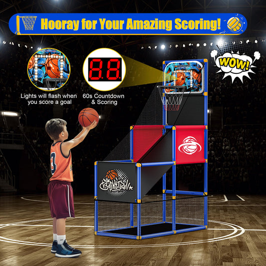 Flybakiz arcade hoop backboard mounted on frame enables flexible, space-saving setup.