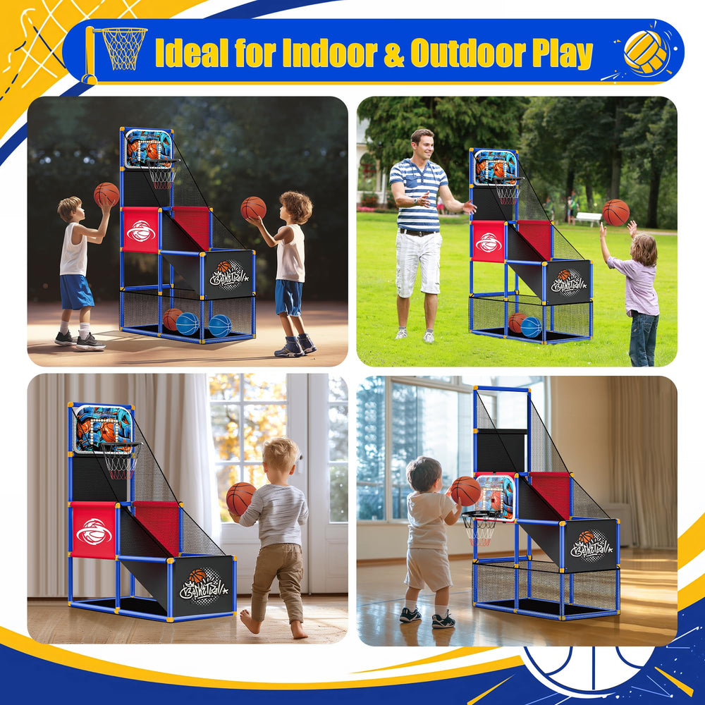 Flybakiz arcade hoop mesh basket keeps balls in play during games.