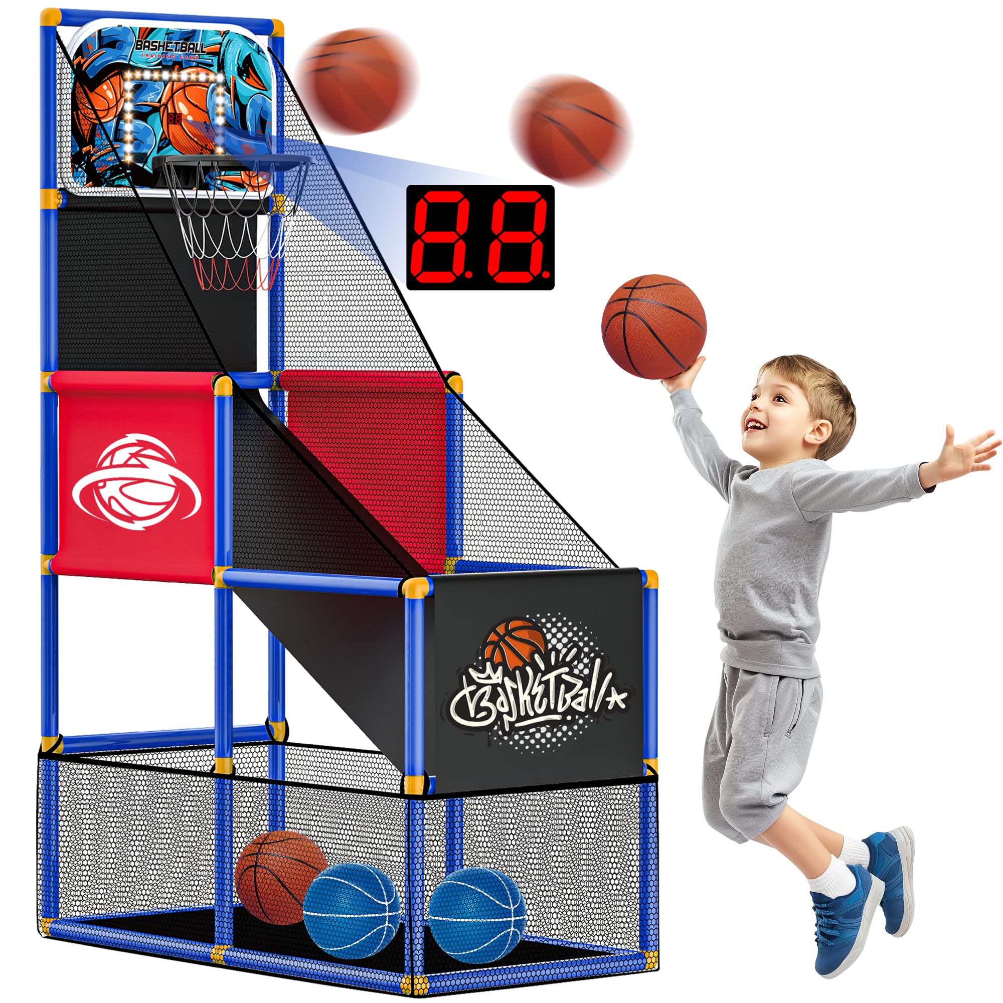 Flybakiz arcade hoop side view shows adjustable height for growing kids.