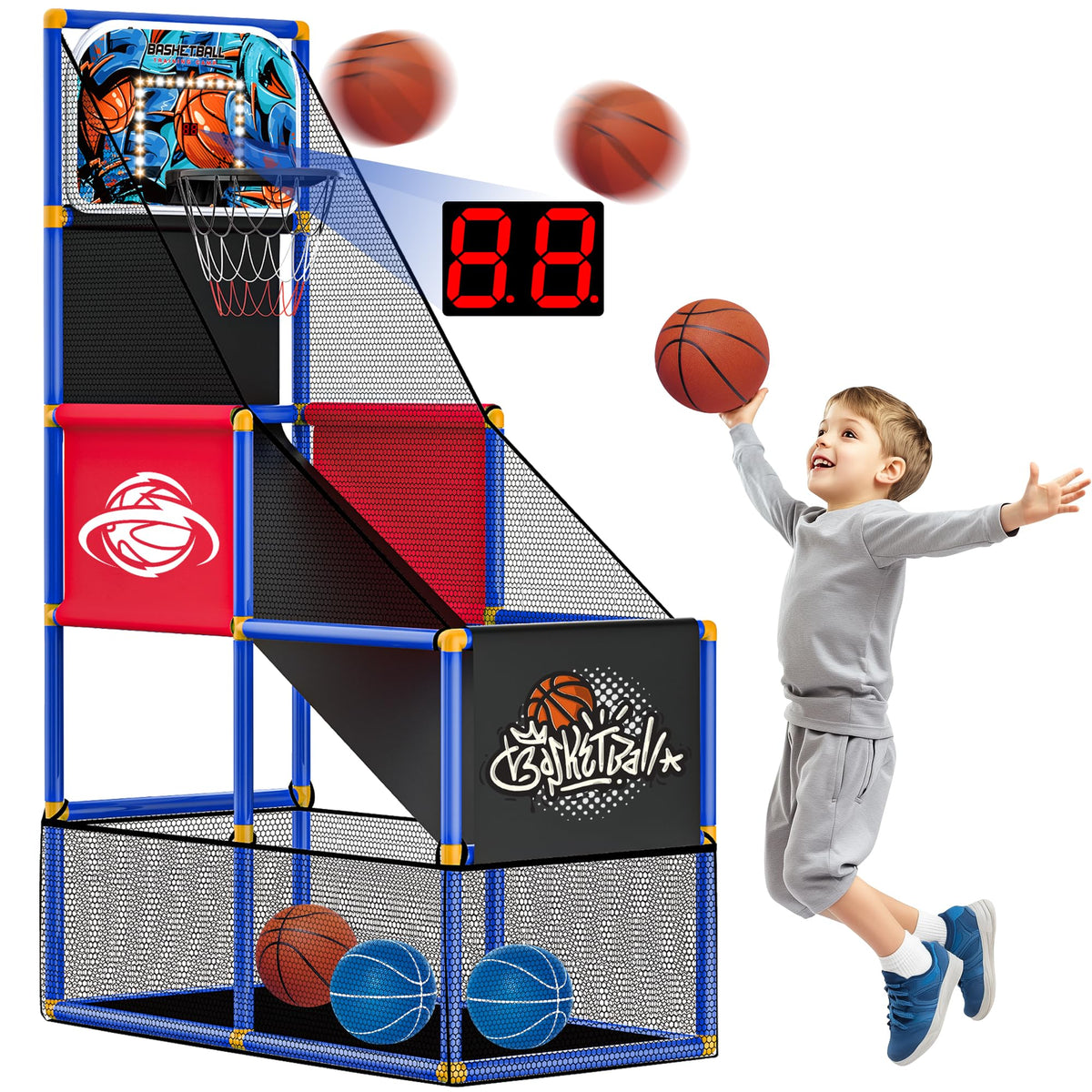 Flybakiz arcade hoop side view shows adjustable height for growing kids.