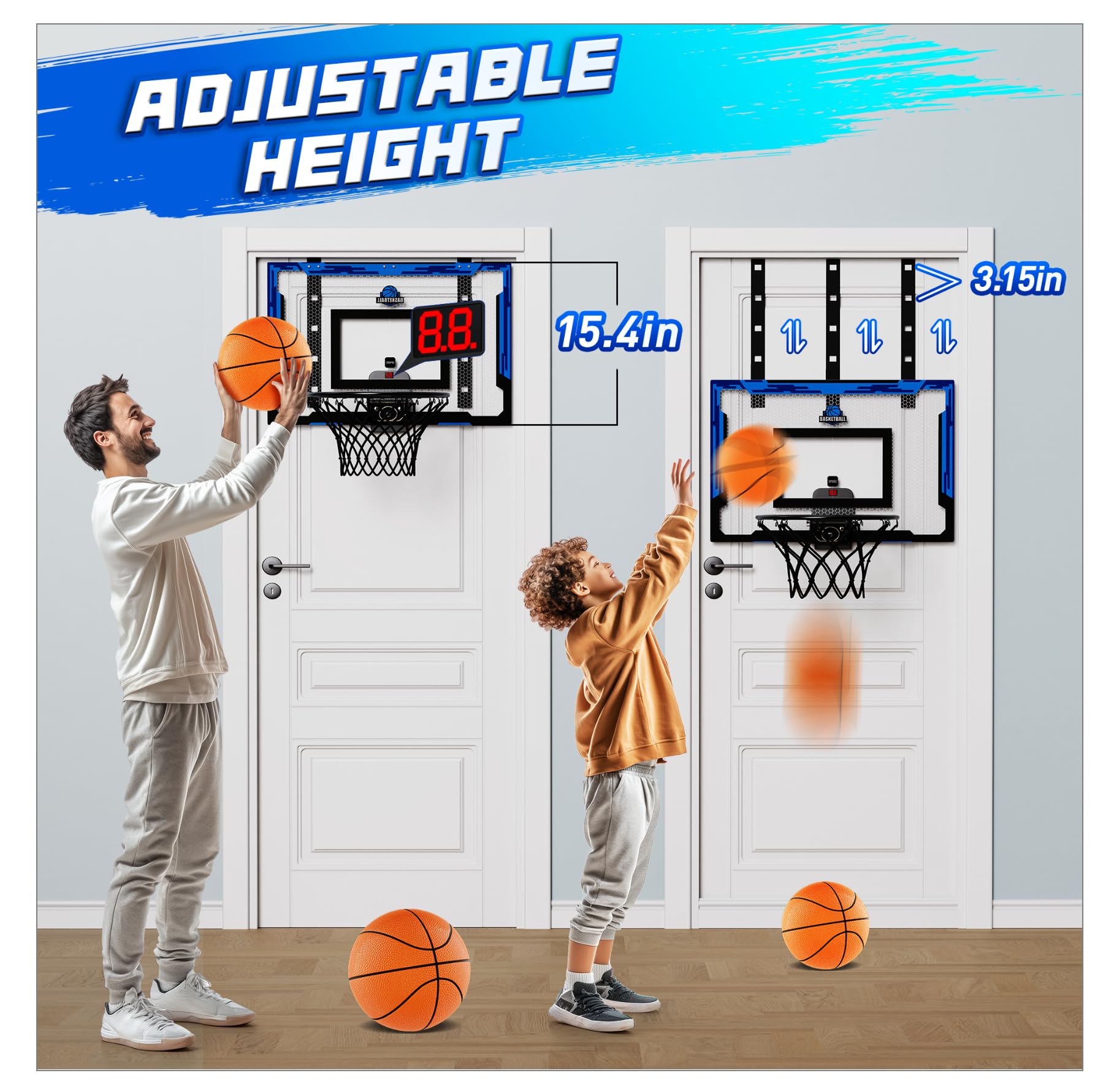 Flybakiz over-door hoop mounts quickly for space-saving home play.