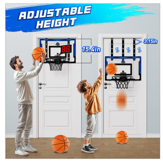 Flybakiz over-door hoop mounts quickly for space-saving home play.
