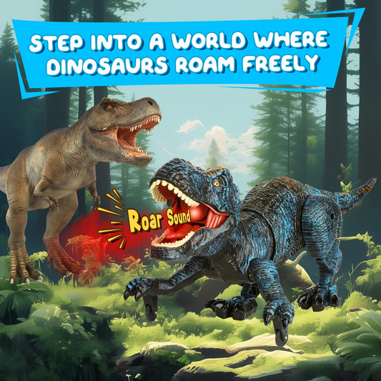 flybakiz blue dinosaur roaring with head shake invites playful battles