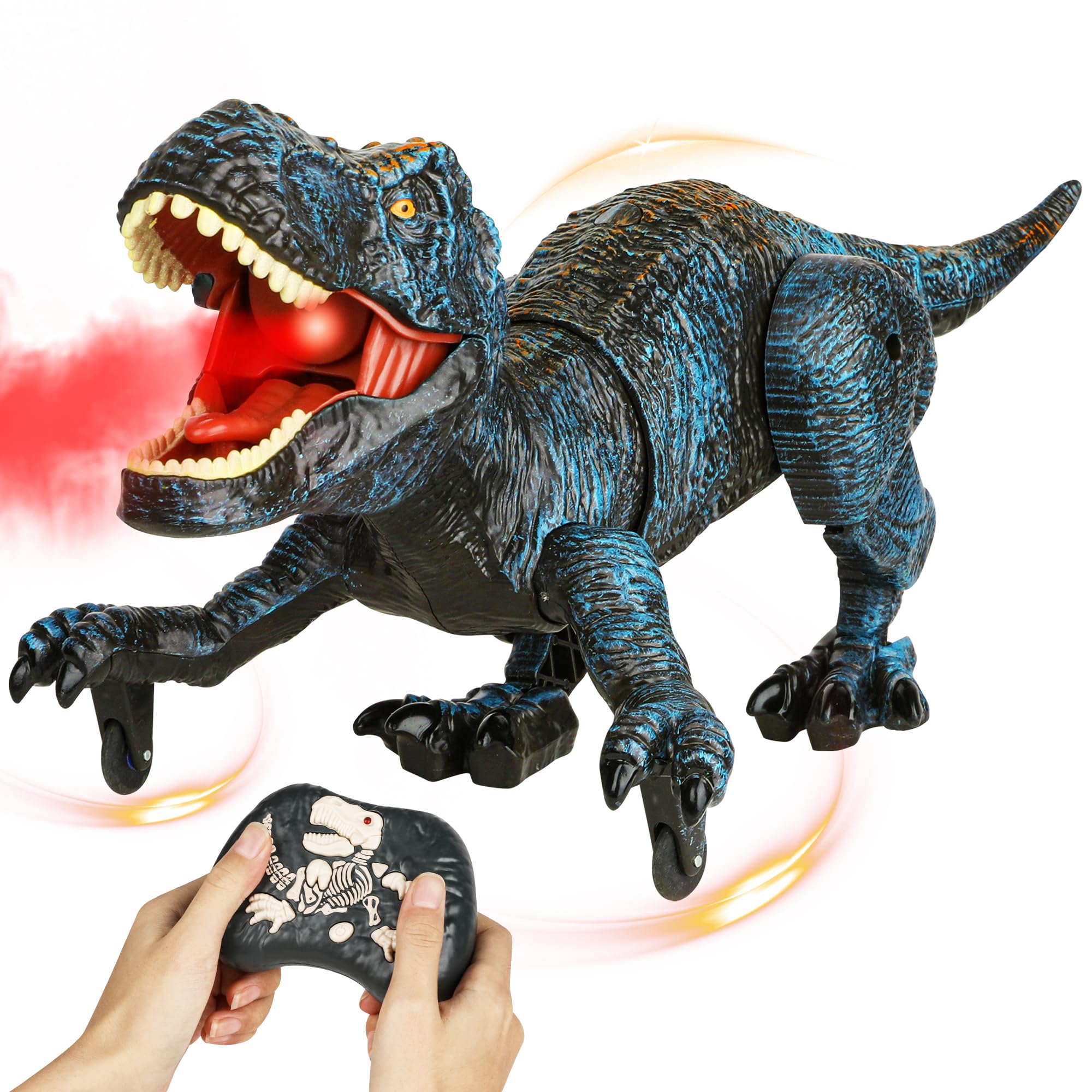flybakiz blue dinosaur walking toy shows lifelike motion for kids