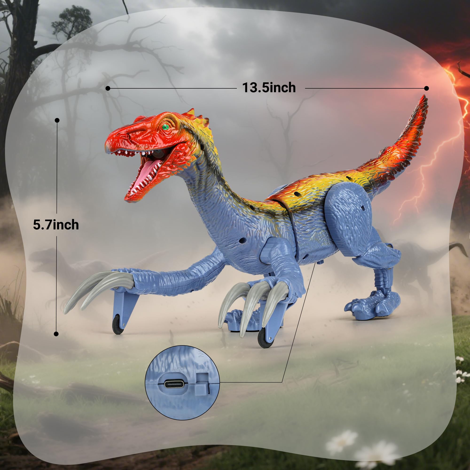 FlyBakiz RC dino auto demo showing pre-programmed actions.
