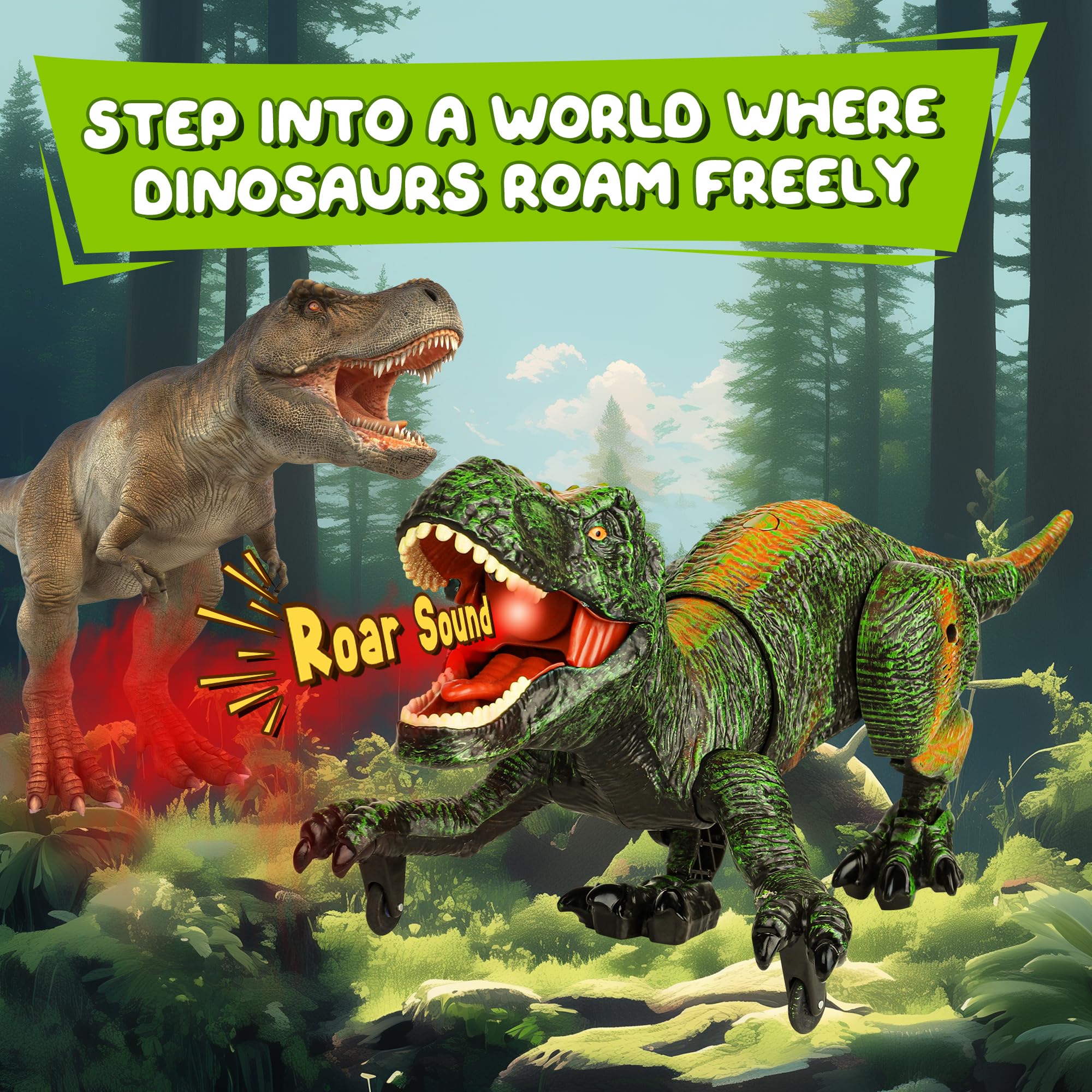 FlyBakiz green RC dinosaur roars, adding excitement to pretend battles and interactive coaching