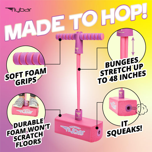 Flybar My First Foam Pogo Jumper squeak captures kids' attention and adds playful feedback.