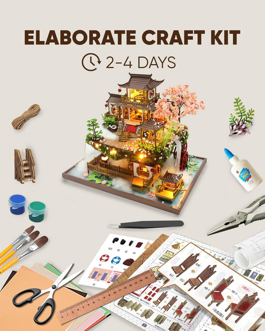 Flybean Wonderland dollhouse kit shows pre-cut wood for precise assembly.